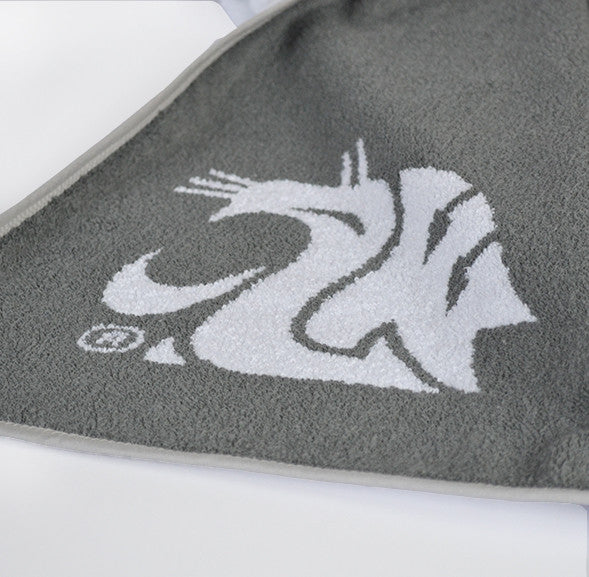 Reverse side of gray logo WSU towel in jacquard