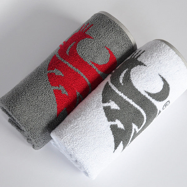 One Crimson logo, one gray logo WSU bath towel