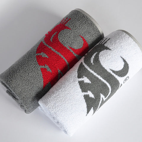 One Crimson logo, one gray logo WSU bath towel